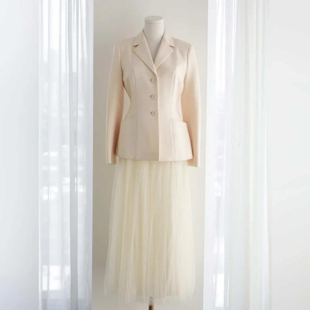Dior 30 Montaigne Bar Jacket Off-White Ecru Plumetis Tulle Skirt Set FR38